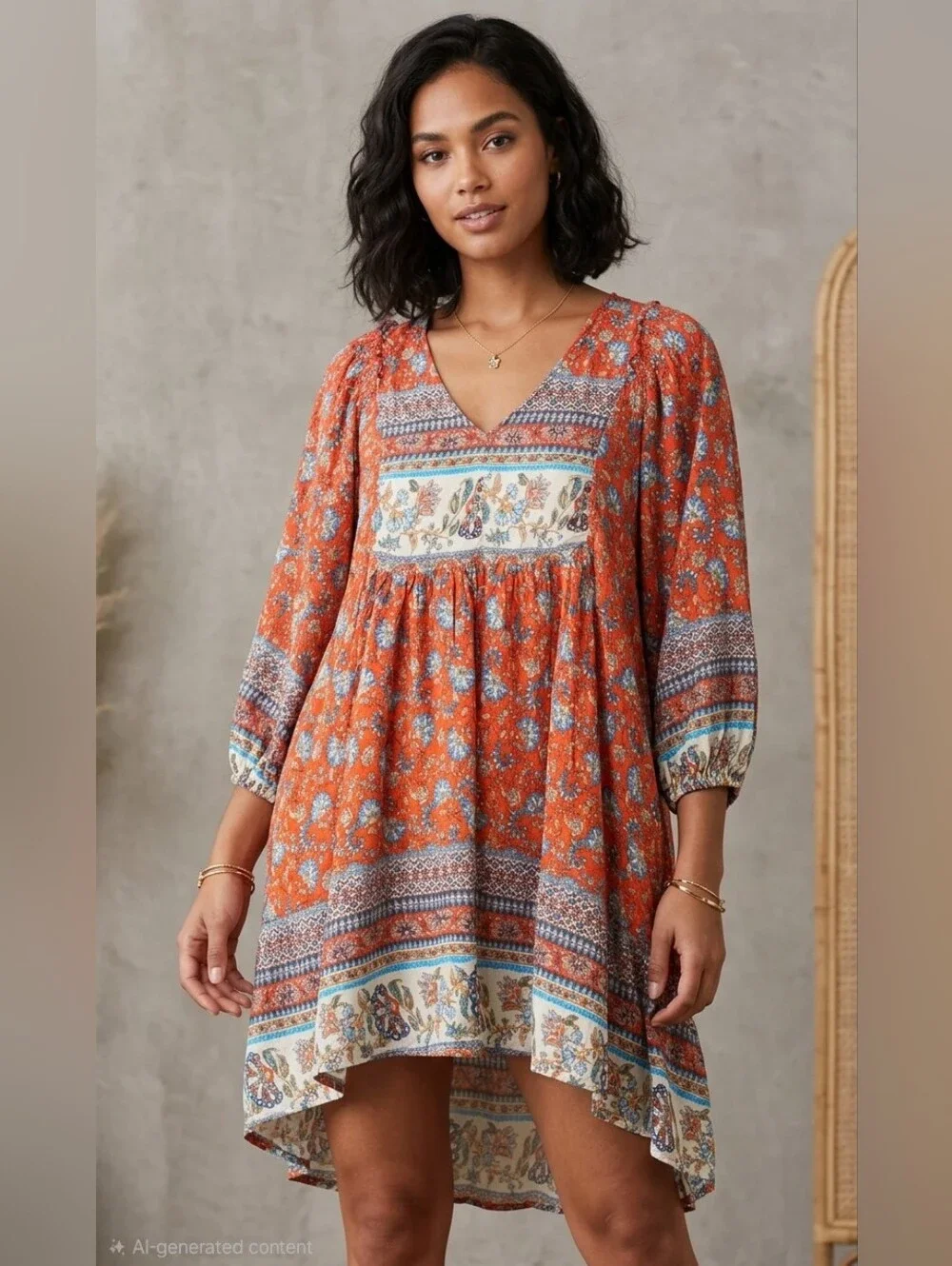 GIGIO USA Orange Floral Boho Tunic Dress High-Low Smocked Size L